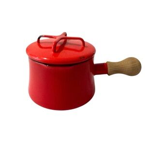 Vintage Dansk Kobenstyle Chili Red Enamel Saucepan with Lid and Wood Handle